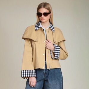 Avec Les Filles Beige Crop Jacket with Gingham Trim NWT size small